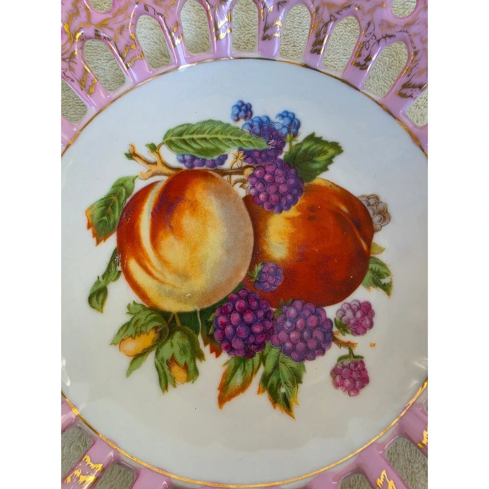 Vintage Betson Hand Painted Fruit Porcelain Bowl Pink Reticulated Gold Trim 8in